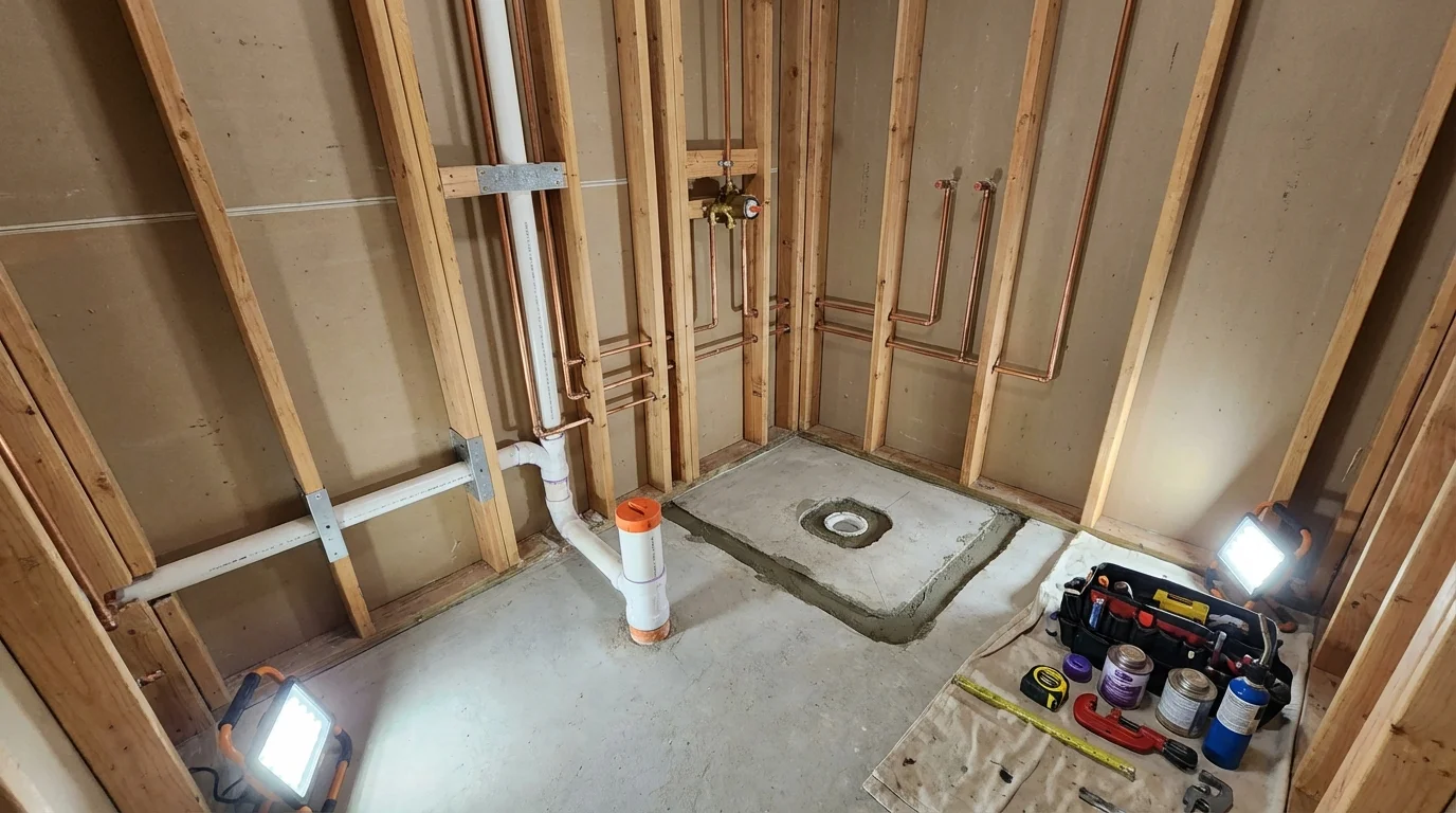 Bathroom rough-in plumbing during remodel by Johns Plumbing LLC in Culloden
