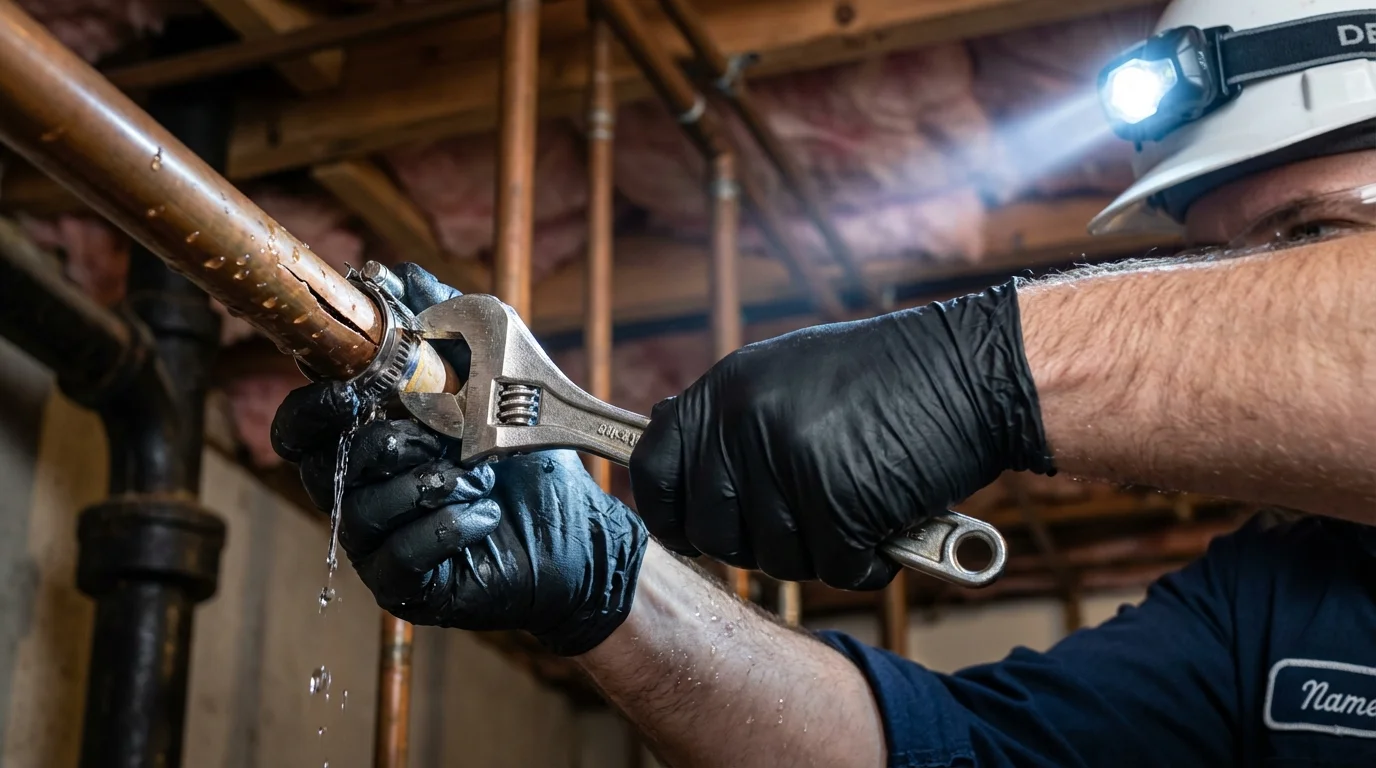 Emergency pipe clamp repair being performed by a Johns Plumbing LLC plumber in Culloden