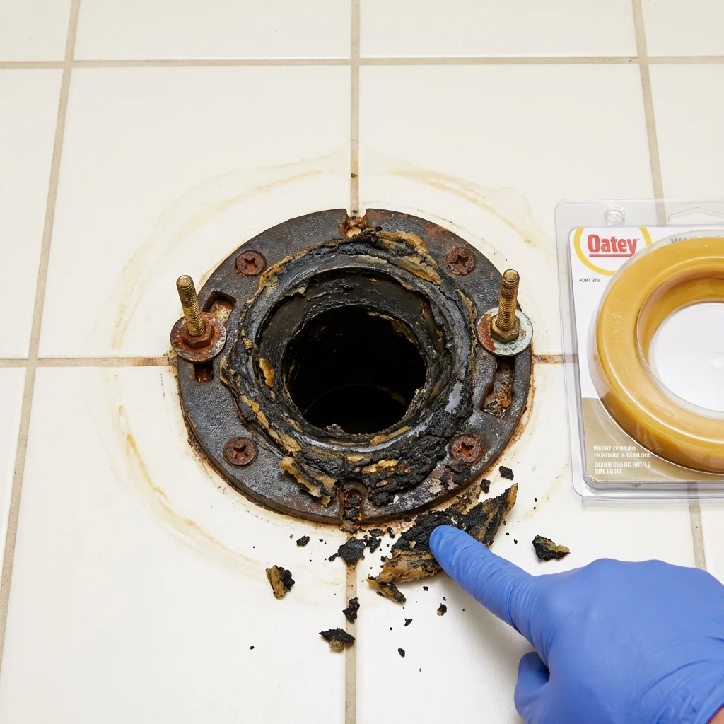 Failed wax ring showing water seepage at the base of a toilet in a Culloden, WV home