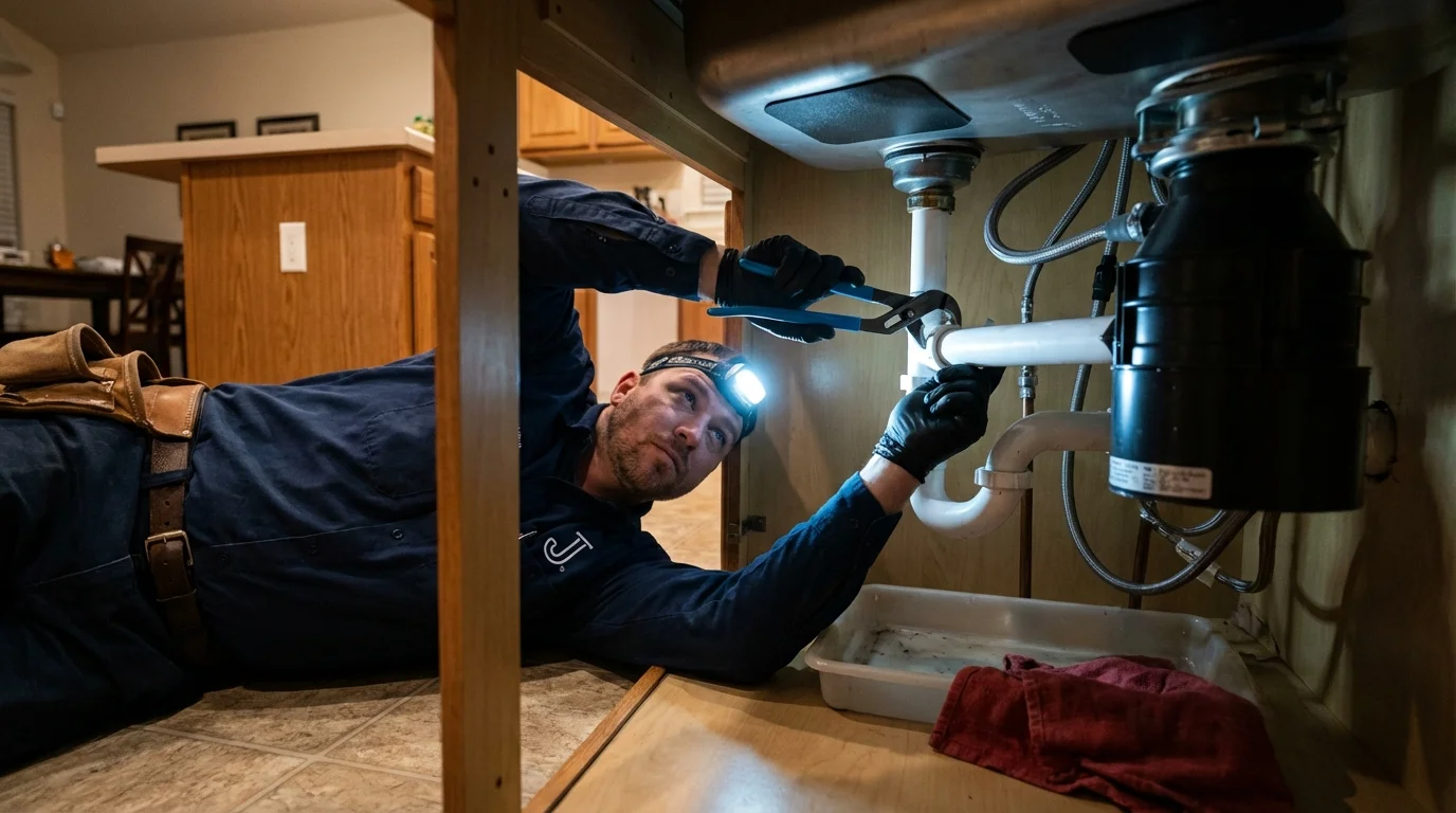 P-trap and supply line connections under a kitchen sink showing a common leak point in Culloden, WV